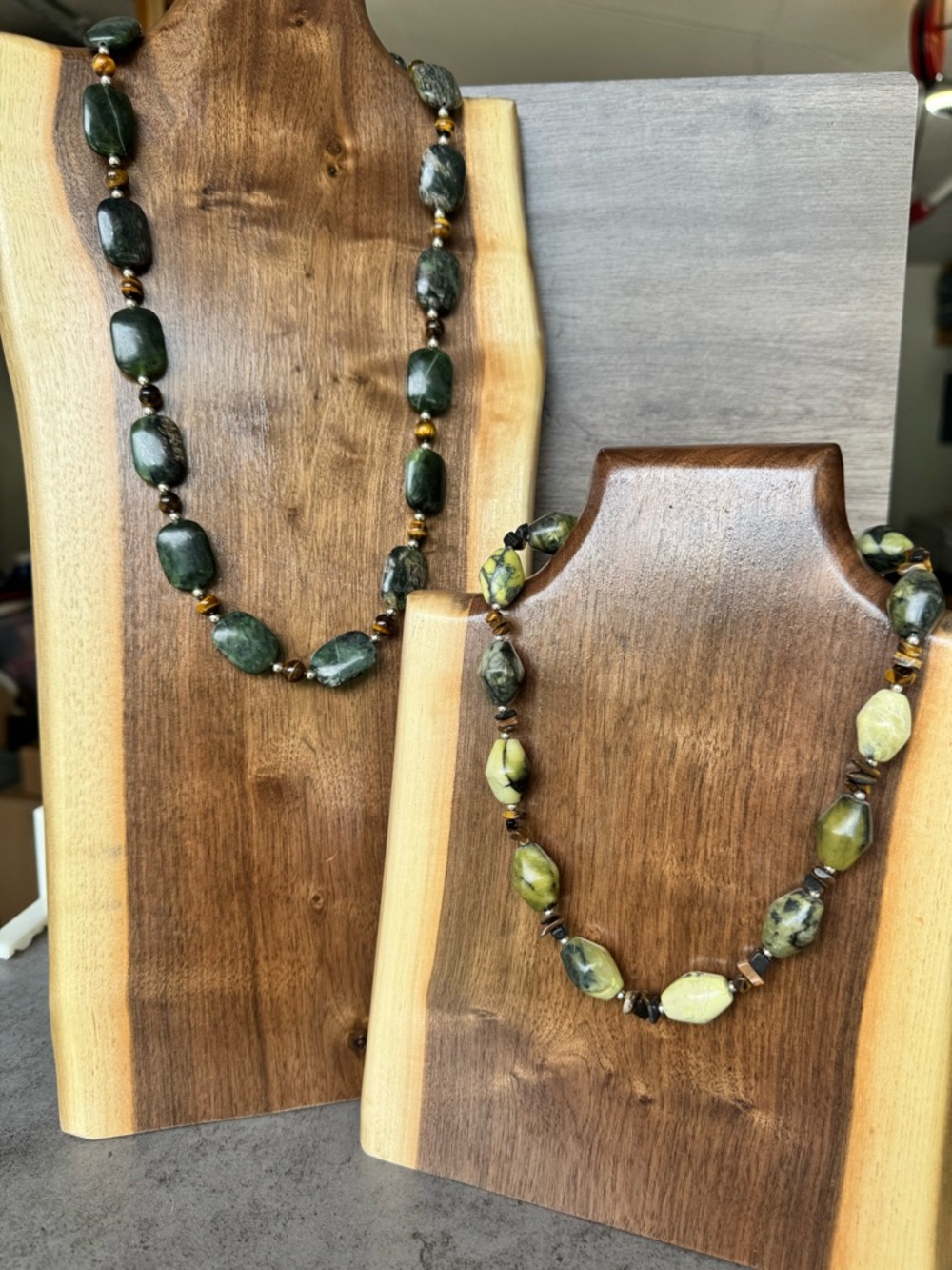 Serpentine, Green Jasper w/ Tiger Eye Set of 2 Necklaces Natural Stone Handmade